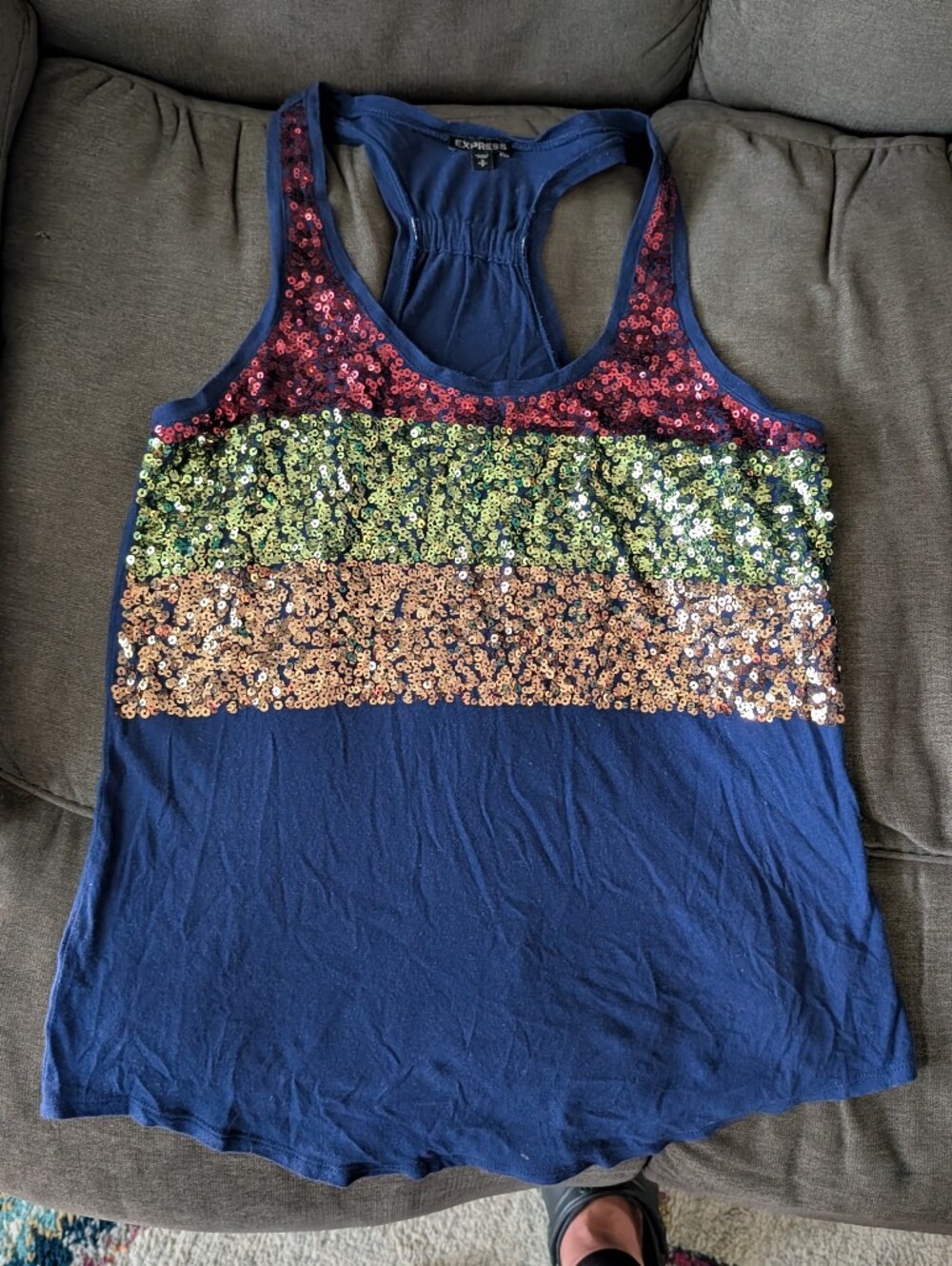 Express Navy Sequin Stripe Racerback Tank Top